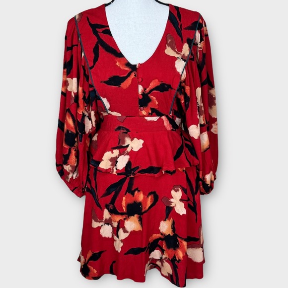 Band Of The Free Dresses & Skirts - Band of the Free Floral Print Mini Dress Red Black Peplum Long Sleeve Size S NWT